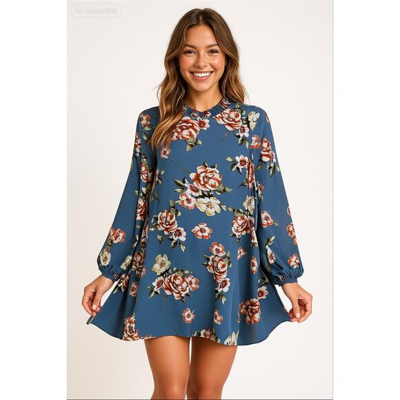 Show Me Your Mumu Blue Floral Mini Dress Medium Mock Neck Keyhole Boho - Picture 1 of 12